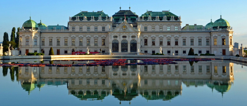 sky, architecture, history, morning light, water, belvedere, waterfront, building, castle, reflection, built structure, pond, mirroring, the past, prinz eugen