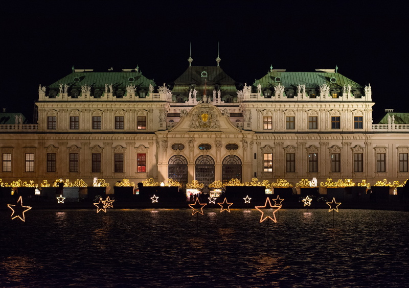 christmas decorations, upper belvedere, architecture And Buildings, johann lukas von hildebrandt, dark, architecture, urban Scene, christmas, night, pond