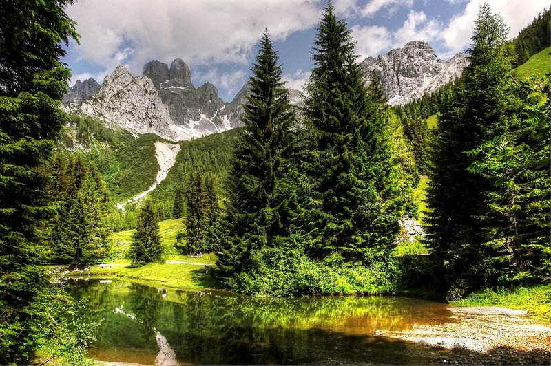 tranquility, dachstein, no people, body, scenic, schladming, bischofsmütze, trail, flowing water, coniferous tree, mountains, 2K, bergsee, nature, green color