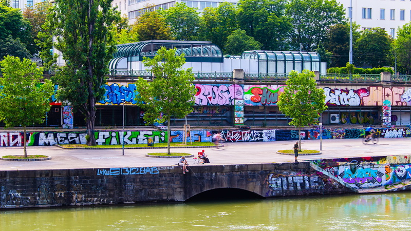 built structure, incidental people, footbridge, nature, bridge - man made structure, city, train, danube, architecture, wien, fischen, austria, day, street art