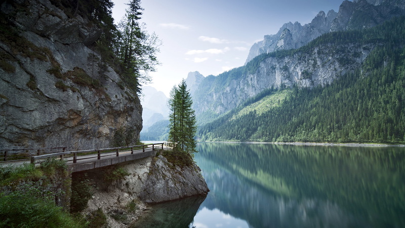 bridge, reflection, clouds, sky, nature, Austria, forest, river, rocks, Dachstein Mountains, 1080P, trees, road, plants, mountains, landscape