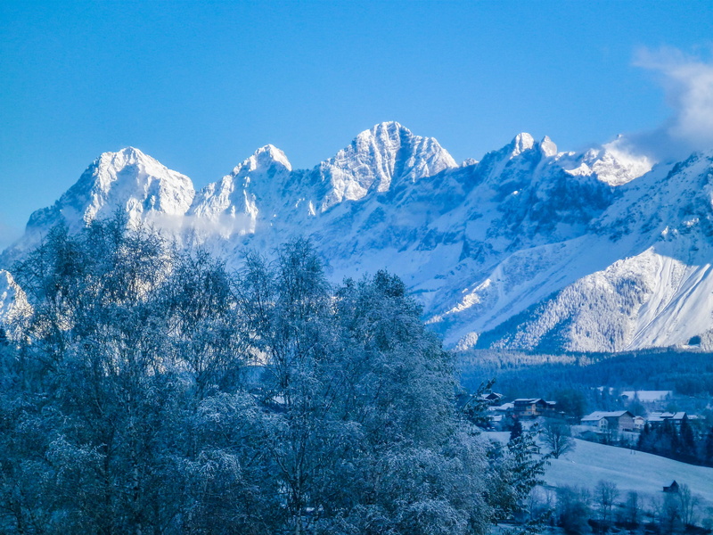 outdoors, alpenblick, snow, nature, mountain range, scenics - nature, austria, Alpine, mountain peak, land, blue, 4K, tranquility, plant, pine tree, tree