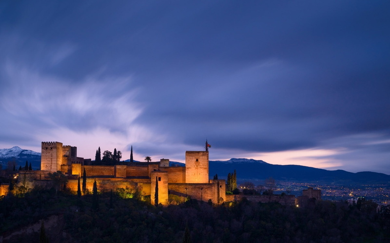 1080P, concrete, night, brown, landscape, granada, castle, painted, building, view