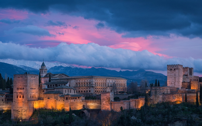 spain, alhambra, night, sky, 1080P