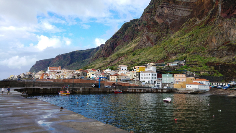 land, architecture, beach, 5K, travel destinations, sea, madeira, harbor, fishing village, paul do mar, water, mountain, sky, passenger craft, no people