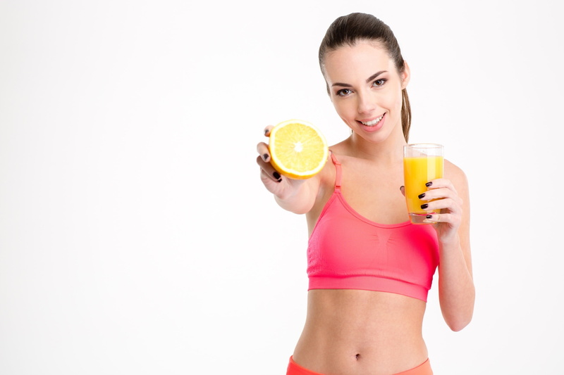 white background, wellbeing, drink, beautiful woman, women, happiness, healthy eating, studio shot, young adult, model, fruit, food, food and drink, refreshment