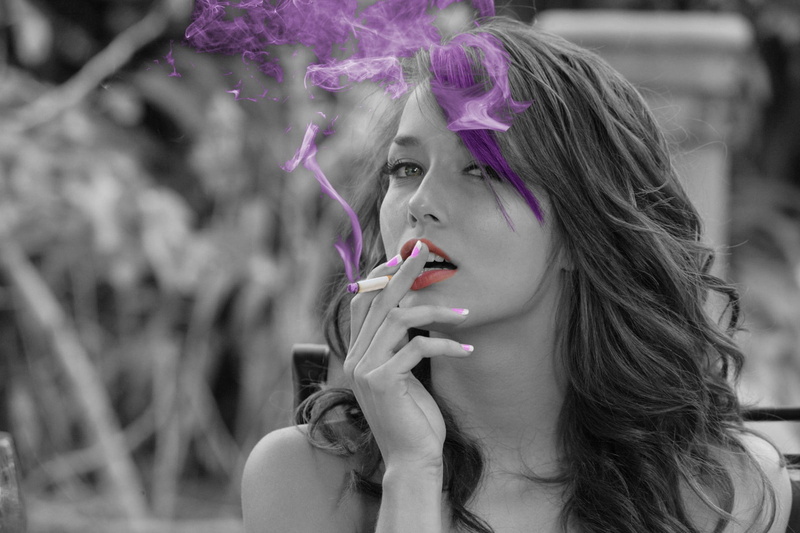 Caucasian, face, Malena Morgan, brunette, smoking, cigarettes, colored smoke, 1080P, selective coloring, smoke, lips