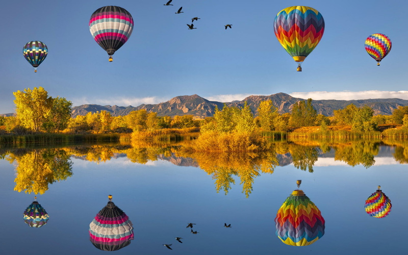 hot, balloons, reflections, four, ballons, flying, air, 1080P