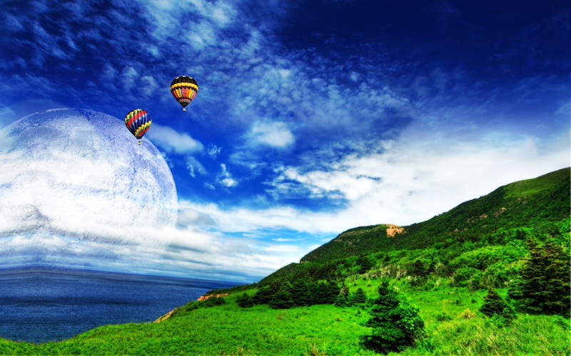sky, blue, green, land, ballons, landscape, scenery, grassfield, 1080P, sea