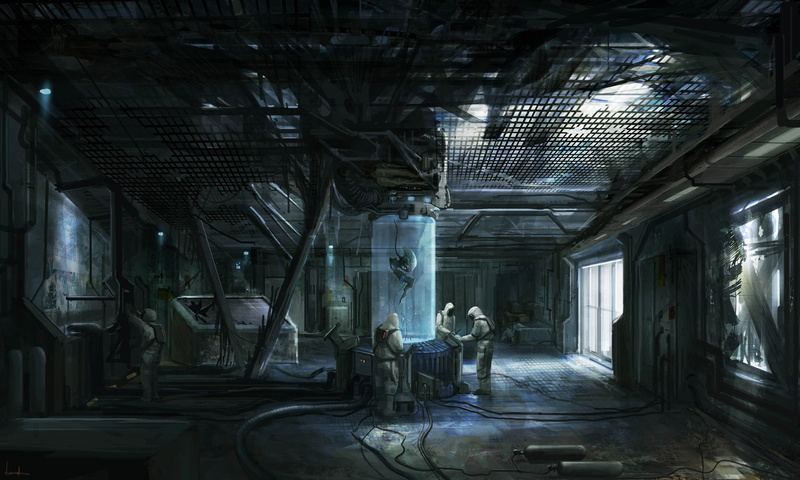 built structure, factory, architecture, Scientists, decline, indoors, digital art, lighting equipment, 4K, window, deterioration, damaged, ceiling, artwork