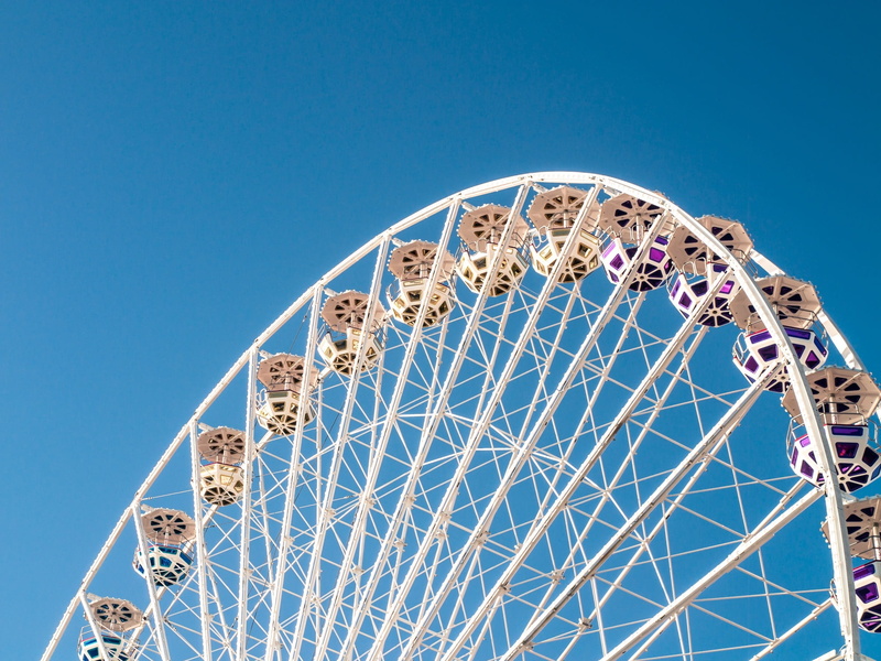 1080P, ferris wheel, ride, round, spoke, colorful, fun, shape, circle, sky, carnival, blue, excitement, leisure activity, ferris, no people, high, leisure