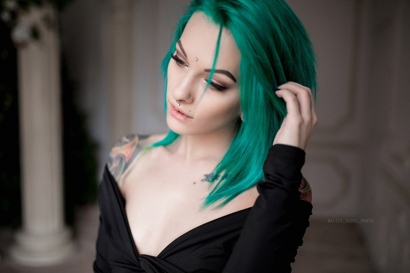 dyed hair, pierced septum, Sasha Brink, black shirt, bokeh, depth of field, model, portrait, bindi piercing, bare shoulders, 720P, pierced lip, tattoo
