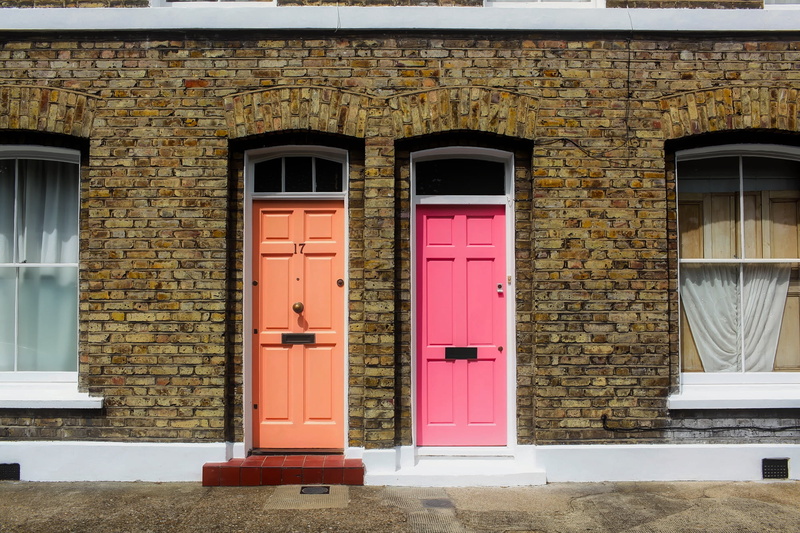 building exterior, red, closed, colors, facade, colorful, apartments, door, doors, entrance, day, window, building, residential district, 1080P, england