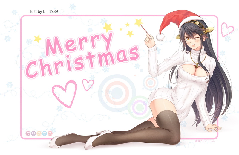 thighhighs, hat, cleavage, bell, long, bra, black, 2K, watermark, hair, breasts, wink, brown, challenger, eyes, ltt, necklace, santa, christmas