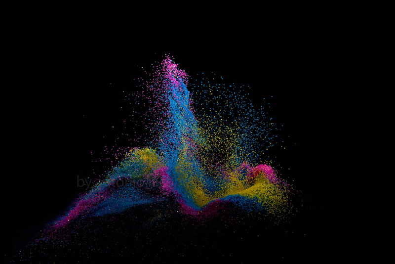 motion, 1080P, creativity, yellow, the volume, pink, exploding, close-up, blue, speed, studio shot, paint, indoors, black background, talcum powder, no people