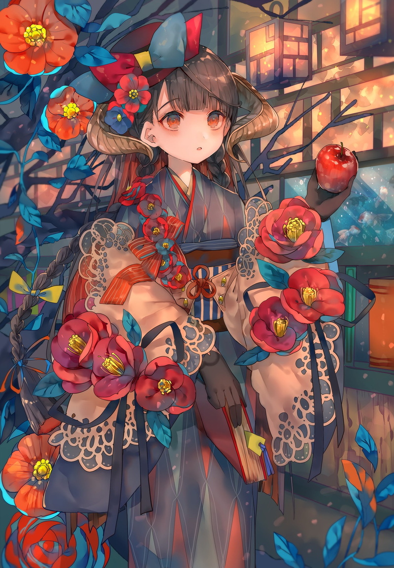 anime, apples, 1080P, flowers, colorful, anime girls