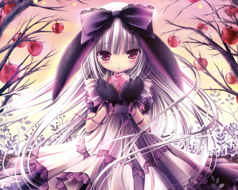 animal ears, eyes, technology, white, 1080P, animal, bunny, illustrations, Trees, art, fashion, hair, apple, apples, purple, hd, lolita, anime, tinkle