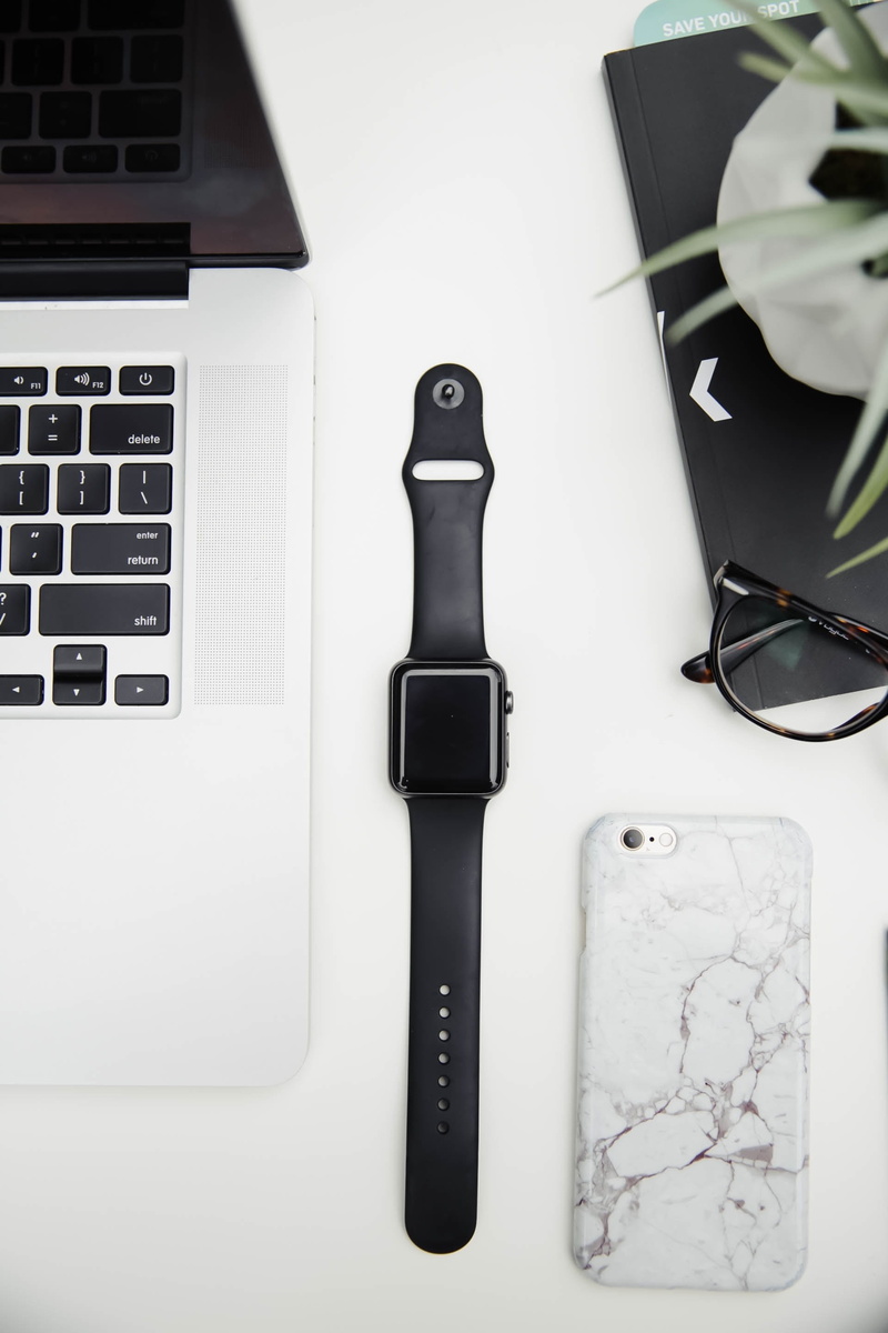 high angle view, apple, technology, connection, computer keyboard, sports, black, silver colored, desk, laptop, watch, band, computer, white color, indoors