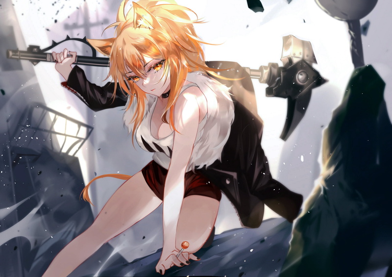 Siege(Arknights), lolipop, anime girls, anime, cleavage, 1080P, Arknights, digital, Vardan