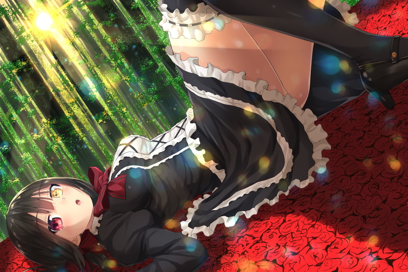 anime girls, thigh-highs, 1080P, stockings, Date A Live, flowers, black hair, rose, maid, trees, anime, long hair, Tokisaki Kurumi, forest