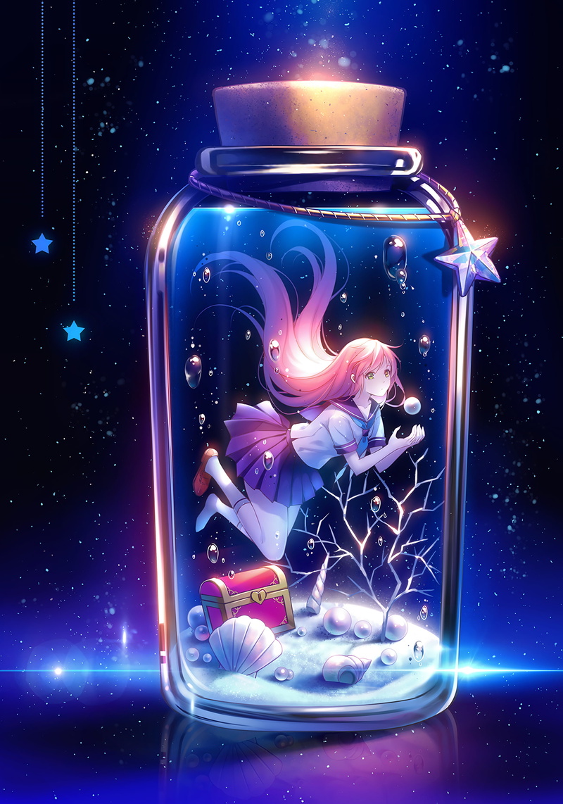 Niya, green eyes, 2K, skirt, long hair, anime girls, underwater, anime, pink hair