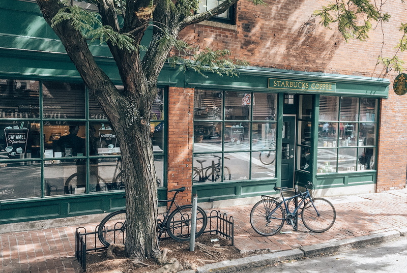 2K, outdoors, street, coffee lover, tree trunk, no people, footpath, boston, tree, starbucks, sidewalk, plant, mode of transportation, land vehicle, coffee shop