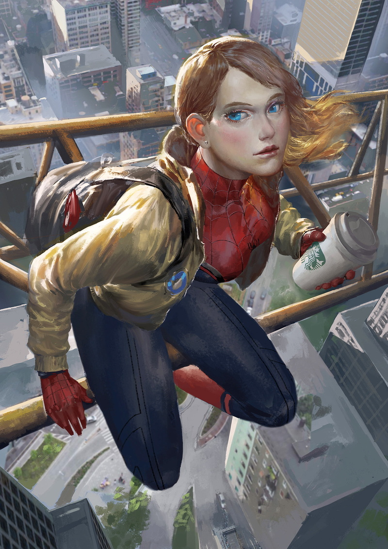 starbucks, spiderwoman, Spider-Man, fantasy art, 1080P
