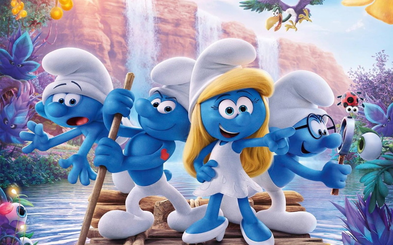 male likeness, hollywood, art and craft, outdoors, female likeness, festival, blue, day, digital, creativity, close-up, smurfs, built structure, toy, Movies