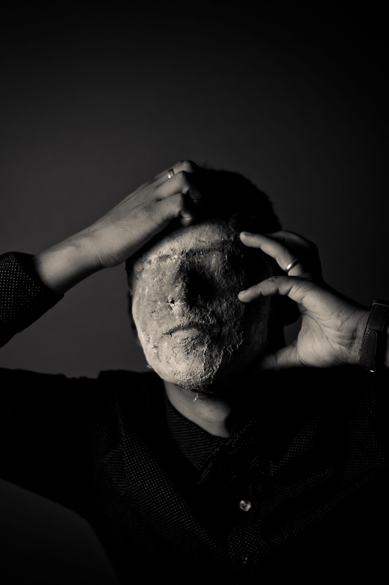 portrait, leisure activity, lifestyles, adult, front view, fake, close-up, man, human body part, face, black and white, mature men, facial hair, looking at camera