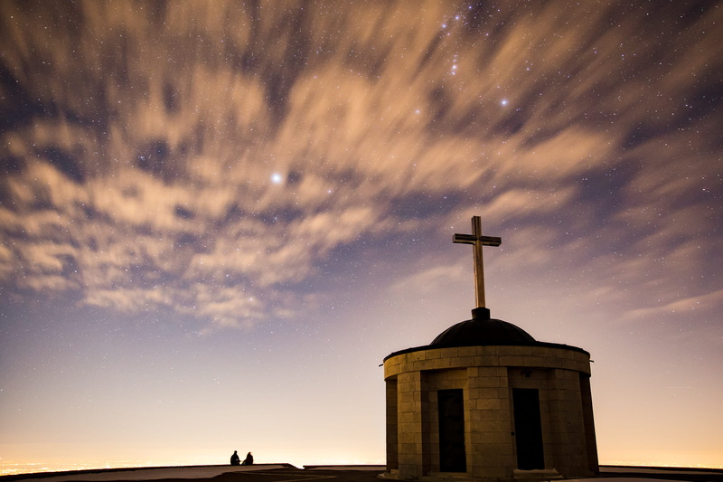 cloud - sky, star, building, building exterior, 2K, nature, friend, finial, space, chapel, golden light, belief, church, sunrise, beauty in nature, star - space