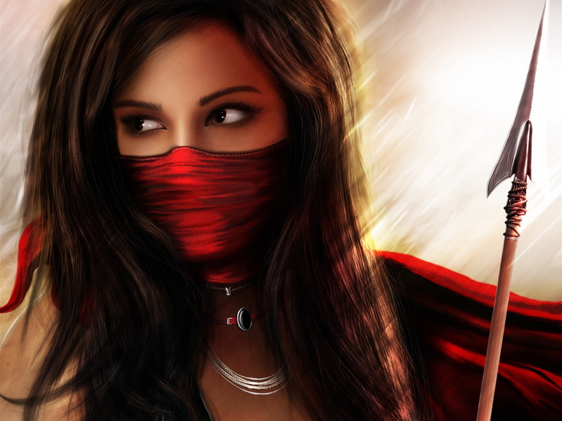 art, maiden, fantasy, manipulations, girls, mask, style, red, weapons, stare, brunettes, digital, warriors, face, scarf, spear, backlit, women, 1080P