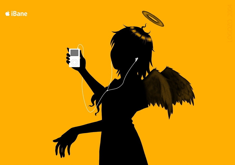 silhouette, Haibane Renmei, Rakka, technology, 720P, orange background, Ipod, wings, headphones