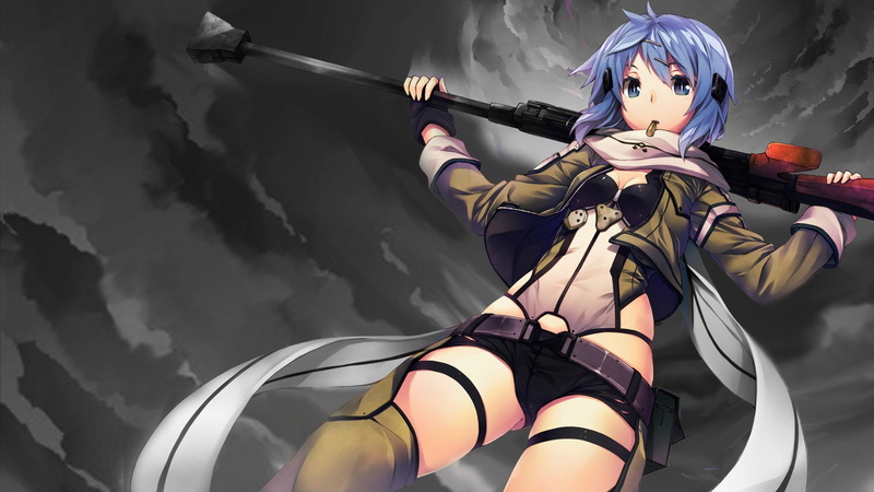 short, weapons, blue, sword, gun, eyes, online, upscaled, asada, rifles, sniper, gale, shino, girls, guns, anime, 1080P, hair, art