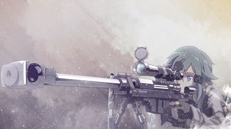 aggression, anime, snow, Asada Shino, weapon, nature, day, Sword Art Online, technology, sky, military, retro styled, no people, aiming, Sniper Rifle, machine gun