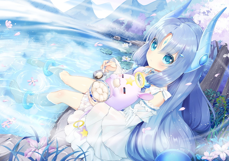 food, halo, long, dress, 1080P, blue, barefoot, grass, animal, konachan, mimikko, flowers, 261471, mvv, com, horns, smile, eyes, cat, aqua, hair, water