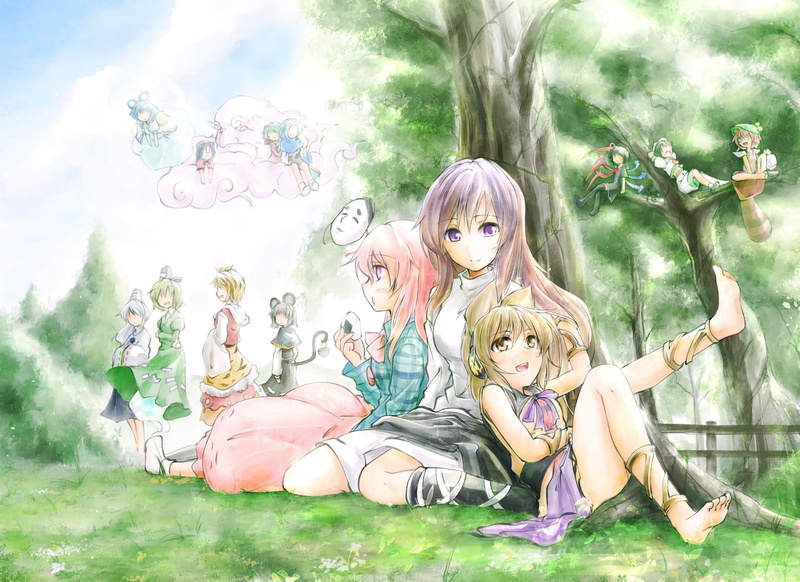 food, sky, bow, headdress, eyes, glasses, hair, long, pink, blue, 720P, tail, unzan, dress, socks, touhou, wings, tree, hat, group, kneehighs, mask, grass