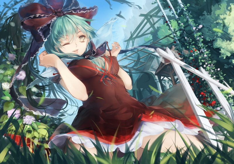 bow, tree, leaves, tenhenoboru, 720P, long, dress, touhou, flowers, eyes, green, kagiyama, hair, grass, hina