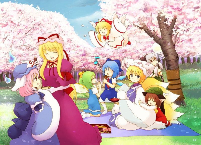 spring, yakumo, touhou, youmu, red, hair, brunettes, short, blondes, animal, smiling, fairies, wings, video, blue, ears, grass, konpaku, yukari, blossoms