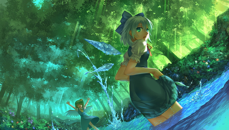 water, green, cirno, blue, eyes, wings, dress, fish, short, 4K, hair, animal, flowers, touhou, tree, girls, madcocoon, bow, forest, daiyousei
