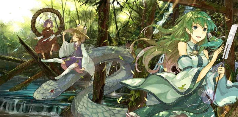 waterfall, thighhighs, animal, hair, skirt, blue, snake, wink, miko, forest, 1080P, hat, eyes, long, torii, touhou, water, headband, necklace, red, dress
