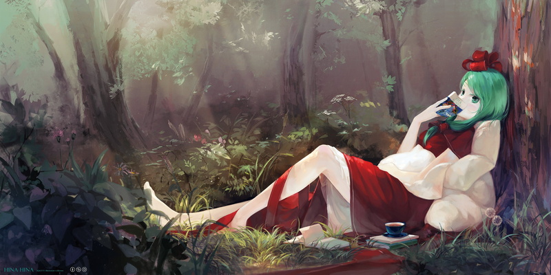 long, 2K, barefoot, kagiyama, green, eyes, hina, forest, tree, hair, ribbons, grass, bow, touhou, book