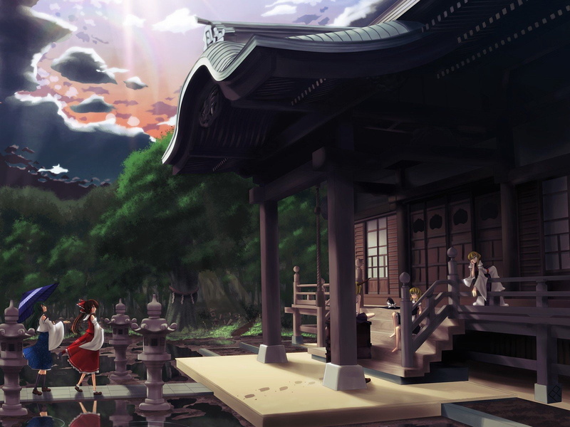 buildings, shinto, reimu, games, sitting, kirisame, dress, scenic, barefoot, horns, red, hakurei, long, brunettes, video, yakumo, oni, touhou, marisa, shrine