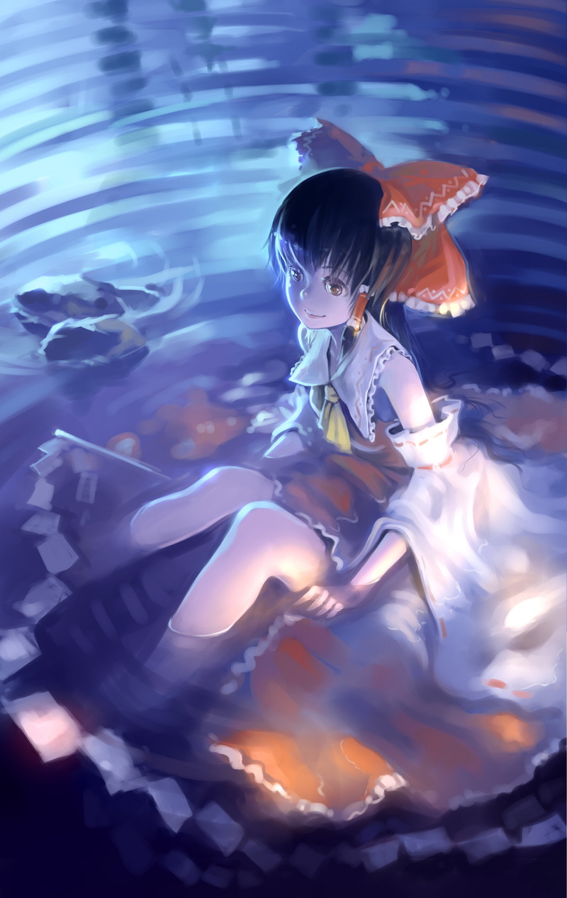 anime, long, detached, dress, hakurei, miko, brown, reimu, ornaments, games, red, blue, sitting, water, sleeves, black, shoulders, hair, girls, touhou