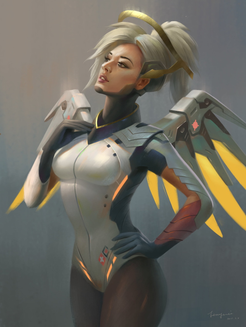 1080P, wings, standing, adult, Terry Wei, Overwatch, contemplation, Mercy (Overwatch), young adult, women, hairstyle, three quarter length, beauty, gray