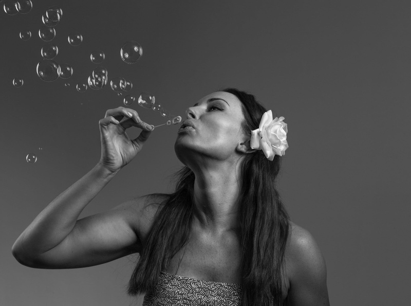 studio shot, indoors, 1080P, hair, mouth open, portrait, bubble wand, young women, front view, adult, model, blowing, one person, holding, long hair, bubble