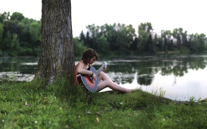 lifestyles, model, 1080P, water, long hair, sitting, full length, women, nature, acoustic, land, plant, forest, focus, day, playing, leisure activity