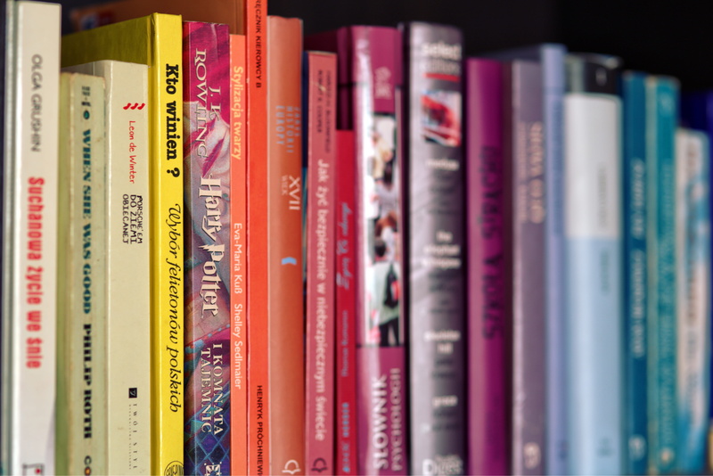 arrangement, book, textbook, literature, bookshelf, harry potter, shelf, Joanne Rowling, colorful, self improvement, order, close-up, still life, pink color