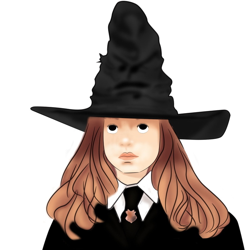 front view, black color, Hermiona Granger, costume, hat, people, looking at camera, Harry Potter, childhood, representation, halloween, indoors, single object