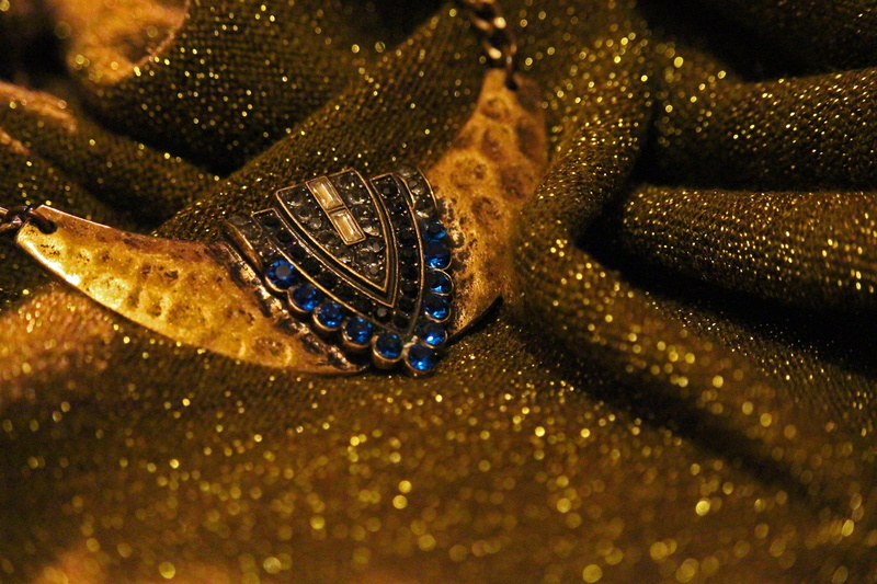 one animal, blue, day, clothing, polished stone, beautiful, pattern, insect, full frame, gold colored, close-up, chain, female, invertebrate, jewel, woman