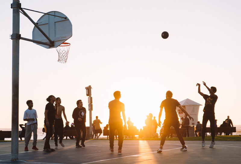 full length, team, basketball court, shoe, basketball - sport, shorts, mid-air, sports, 5K, hoop, group, lifestyles, silhouette, man, playing, men, motion